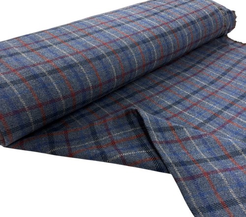 Blue grey check wool fabric - blue,